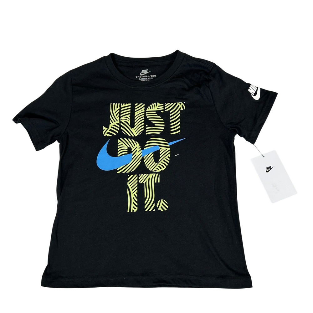Nike Boys Just Do It Graphic T-Shirt Black Volt Blue 86N760-023 Size 7 NEW